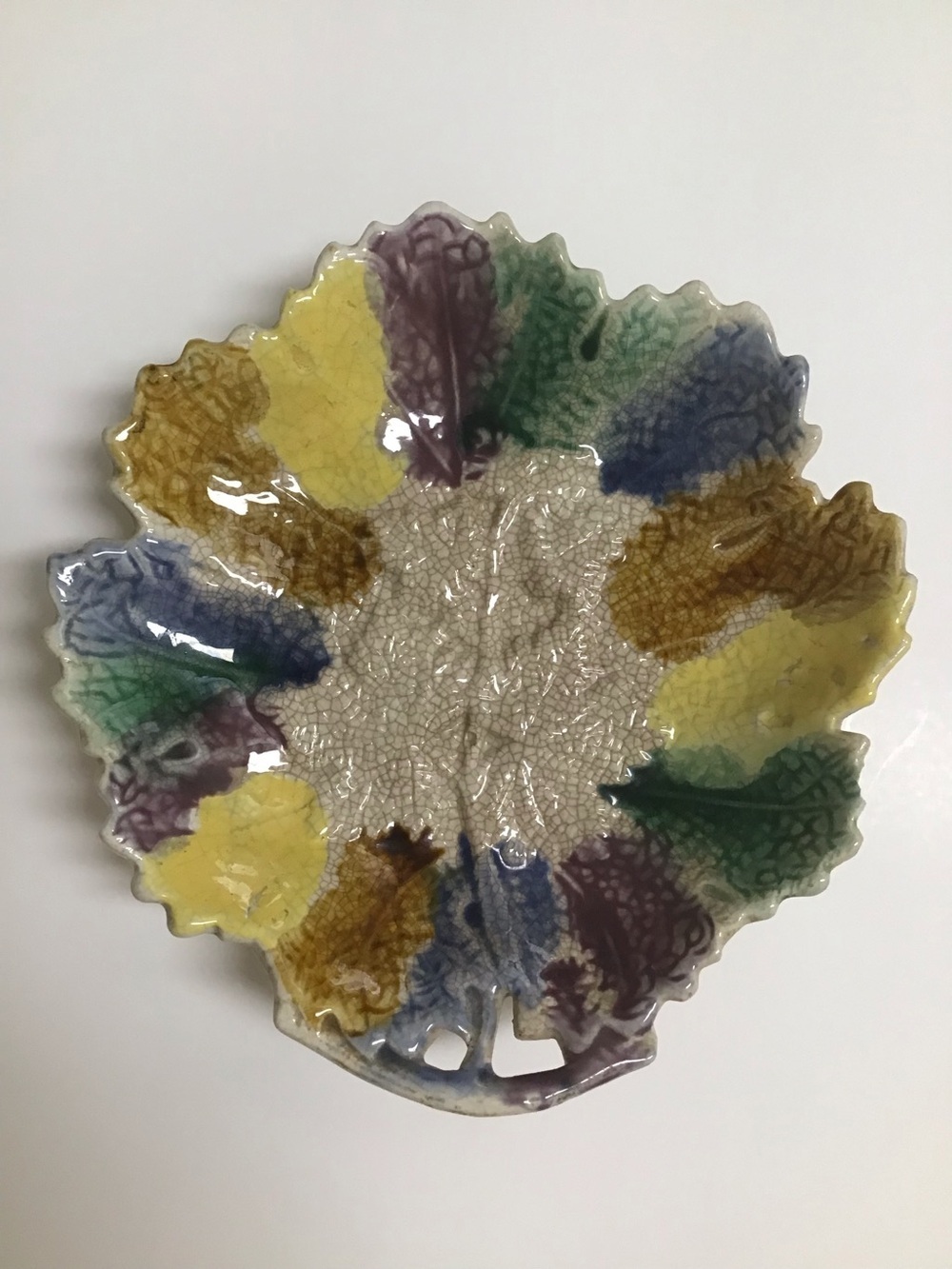 Antique Majolica Leaf Plate 1880's ? Morley & Co. Wellsville OH  7x7” Colorful - Picture 6 of 13